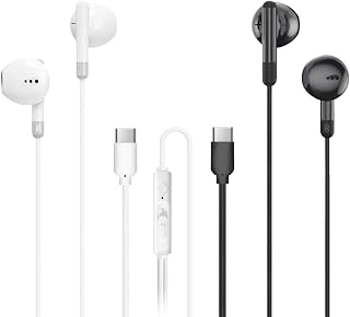 MAS CARNEY 【2 Pack】 USB C Headphones with Cable TH8, In-Ear Earpods Type C Headphones with Mic for iPad Pro, Samsung Galaxy S25 S24 S23 A55 A53, Google Pixel, Huawei, Mi, Oppo, Black/White