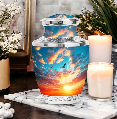 Image of Sunset Sky Cremation Urns For Adult Ashes Women - Large Decorative Urn - Personalized Urn For Ashes Adult Male - Burial Urn For Ashes For Men - Customized Urn - 10 Inch Large With Velvet Bag