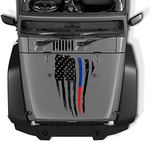 Thin Blue Red Line Reversed Decal Compatible with Jeep Wrangler Tattered Distressed USA American Flag USA Made (Black Matte)