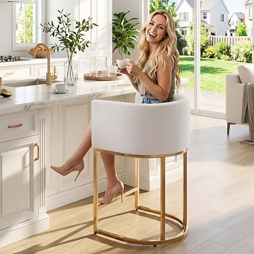 Image of HNY Modern Barrel Counter Height Bar Stool with Back for Kitchen Island Set of 1, 24 Inch Velvet Kitchen Barstool with Gold Frame, Ivory
