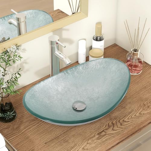 YU YUSING Lavabo da Appoggio in Vetro, Lavabo da Bagno, Lavadino Ovale con Rubinetto, per Bagno, Cucina, Ospiti, WC, Moderno, Colore Argento 53 x 35 x 16 cm