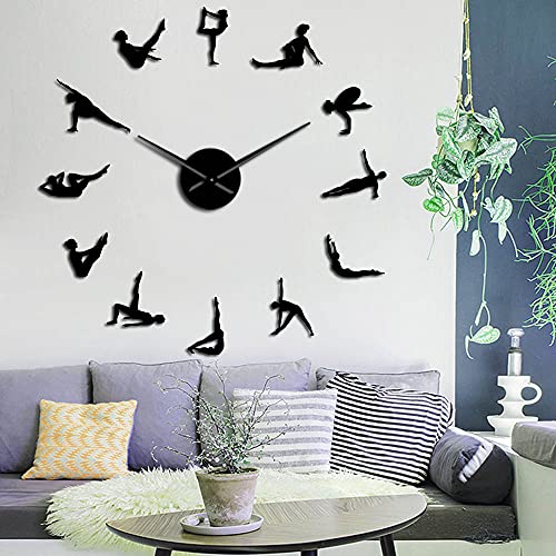 TRFAN Relojes de Pared, Posturas de Pilates Pegatina de Espejo de Bricolaje Agujas Grandes Reloj de Pared para habitación de niñas Centro de Fitness Ejercicio Deportivo Reloj silencioso Decoración de