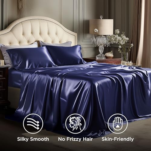 Image of Bedsure Navy Satin Sheets Queen Size, Soft Silky Bedsheets for Hair & Skin | Similar to Silk Bed Sheets Set 4 Piece with 15 Inches Deep Pocket Fitted Sheet,1 Flat Sheet, 2 Satin Pillowcases
