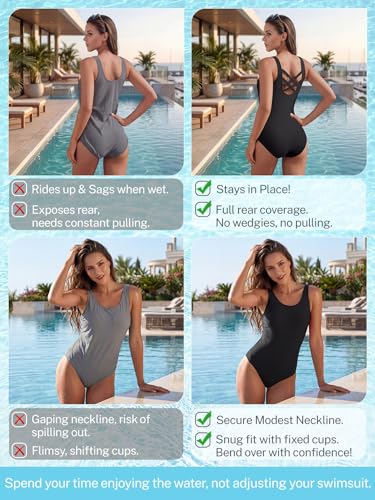 Image of One Piece Bathing Suit for Women Front Cross Athletic Tummy Control Swimsuits V Neck Slimming Swimwear