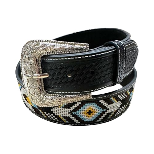 Leather Western Belts For Men Cowboy Tapestry Aztec Embroidered Large Buckle High End Basketweave Hand Crafted
