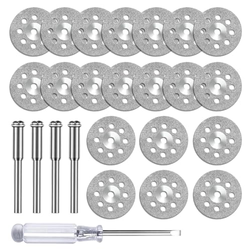 25 Stück Diamant-Trennscheiben 22mm Gelocht für Dremel | Mit 4x 3mm Dorn + Schraubendreher | Für Stein, Fliese, Glas (Rotationswerkzeug Zubehör) 25 Stück Diamant-Trennscheiben 22mm Gelocht für Dremel | Mit 4x 3mm Dorn + Schraubendreher | Für Stein, Fliese, Glas (Rotationswerkzeug Zubehör)