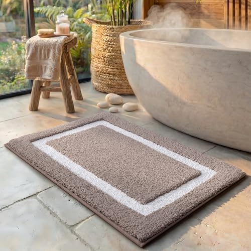 Image of Color&Geometry Mini Bathroom Rugs 16x24, Extra Soft Absorbent Microfiber Bath Rug, Non-Slip Bathroom mat, Washable Plush Bath Mats for Bathroom, Shower, Bathtub, Laundry, Dark Beige