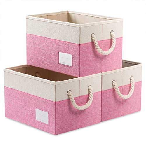 Image of PRANDOM Large Foldable Storage Bins 13.7x10.2x8.8 inch [3-Pack] Fabric Linen Storage Baskets Cubes Drawer with Cotton Handles Organizer for Shelves Nursery Closet Bedroom Pink