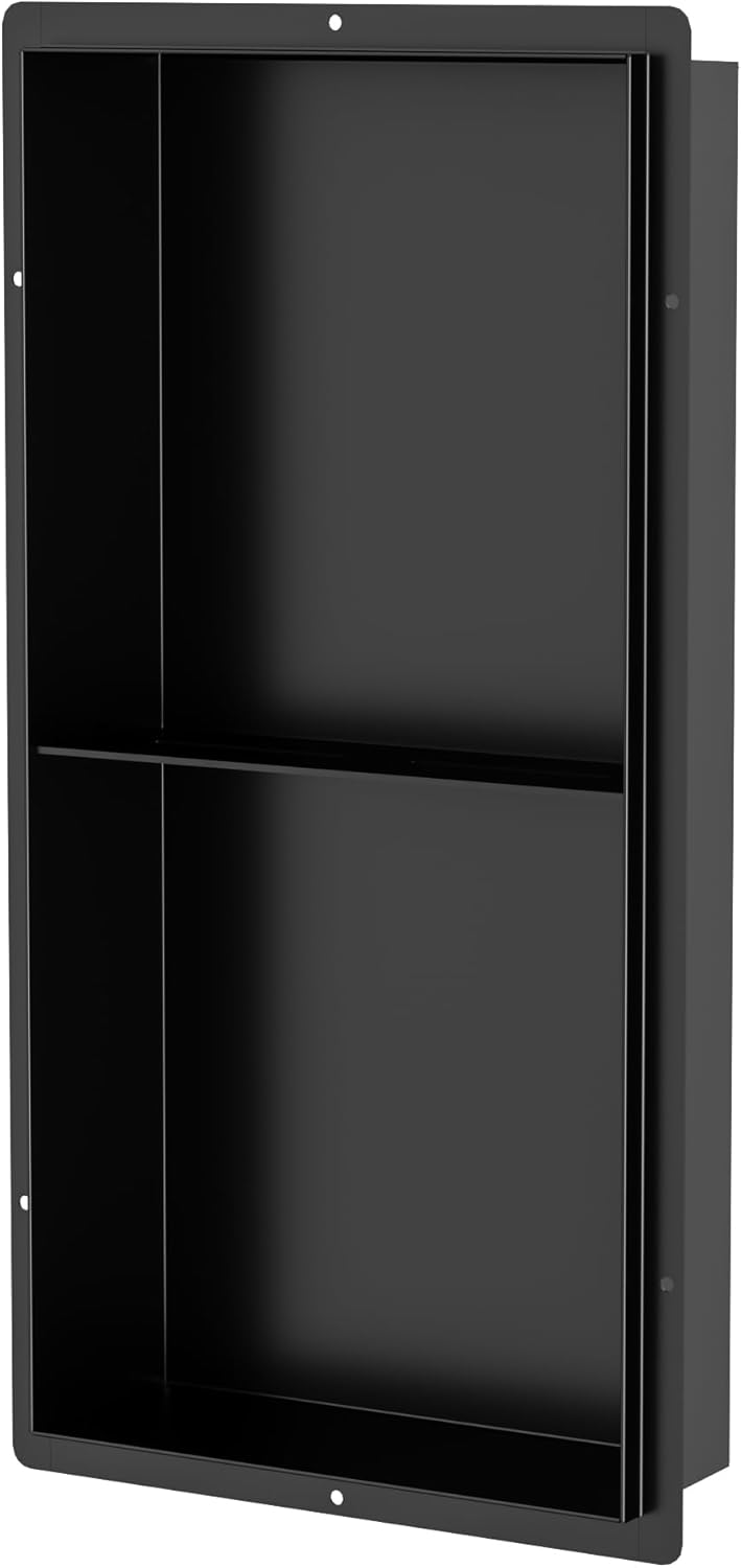 Neodrain 24X12Inch Black Shower Niche Rimless Wall Niche Stainless Steel Bathroom Wall Niche Waterproof Tile Ready Recessed Shower Cubby for Bathroom Storage Organizer