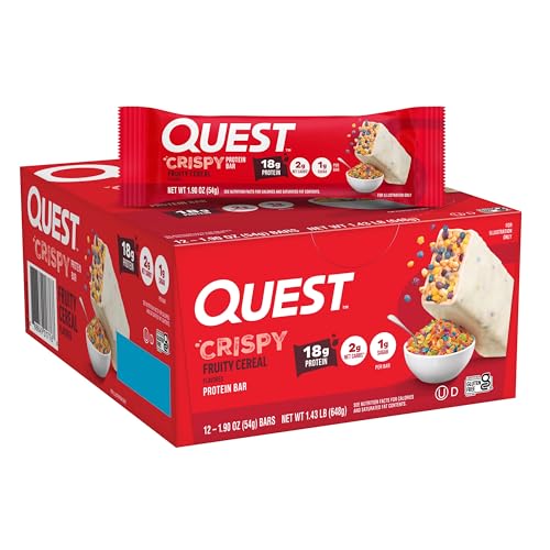 Image of Quest Nutrition Crispy Protein Bar, Fruity Cereal Flavor, 18g Protein, 1g Sugar, 2g Net Carbs, Low Sugar, 12 Count