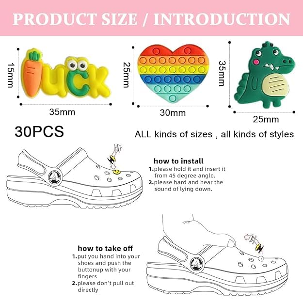 Image of 30Pcs Clog Slippers Charms for Shoes - Assorted Cartoon Rubber Charms for Women Footwear, for Kids Boys, for Women - Fashionable and Casual Clog Decorations for Girls
