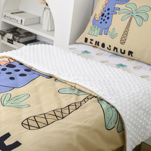 Image of 4 Piece Toddler Bedding Set - Ultra Soft Breathable Toddler Bedding Set for Boys, Includes Quilted Comforter, Flat Sheet, Fitted Sheet and Pillowcase(Dinosaur)