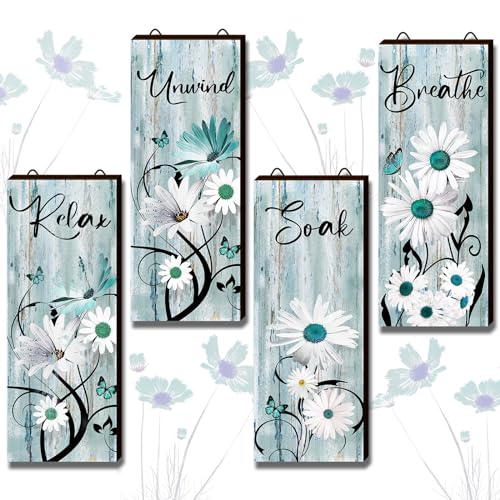 Lot de 4 décorations murales en bois pour salle de bain motif marguerites bleu