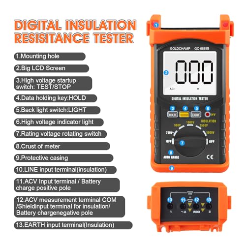 Image of Digital Megohmmeter Insulation Resistance Tester for Voltage (500V /1000V /2500V /5000V) & Resistance Measurement (1MΩ~200GΩ), Backlight Display & Data Hold for High-Voltage Cable /Motor Testing