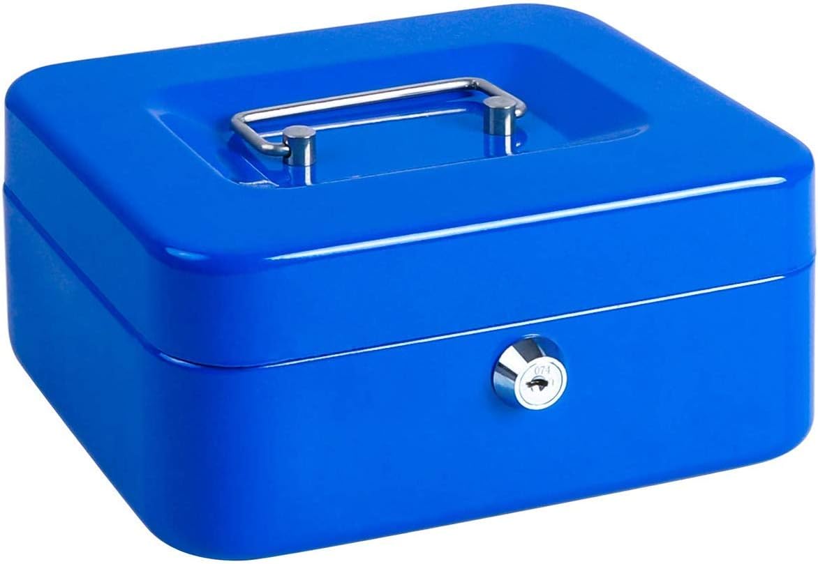 Money Box for Kids Lockable Cash Storage Box High Security Safety Box Portable Metal Money Tin Great for storing Money With 2 Keys and Cash Tray for Preety Cash (Royal Blue, 8")