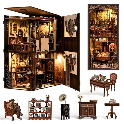 Book Nook Kit – DIY Detective Miniature Book Nook Kits for Adults 3D Wooden Puzzle Bookshelf Insert with Music and LED Lights Unique Birthday Gift for Home Decor & Model Building
