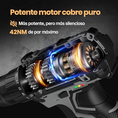Taladro Atornillador BaterÃa 20V, FAHEFANA Taladro Inalámbrico, 2 BaterÃas 2.0Ah y Accesorios 89 Piezas, 42Nm Máx, 25+1 Ajuste de Par, 2 Velocidad, Portabrocas de 10mm, LED Luz - Imagen 4