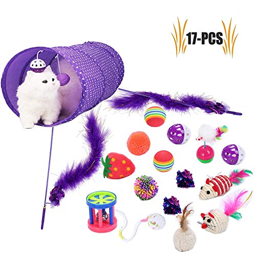 Aiviel Chat Jouet Jouet interactif, Cat Tunnel, Plumes, Ballon, Souris Jouet, Chaton Bell Ball, Plume la Baguette - 17 Pack Cadeau pour Les Chats, Les Chiots, Chatons par kekai