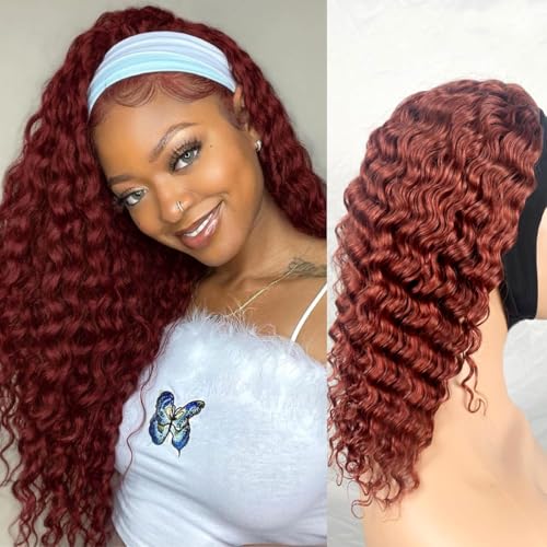Image of XSY Headband Wig Human Hair Curly Reddish Brown 150% Density Brazilian Virgin Hair #33 Red-Brown Deep Wave Headband Wig Glueless None Lace Front Wig 18 Inch
