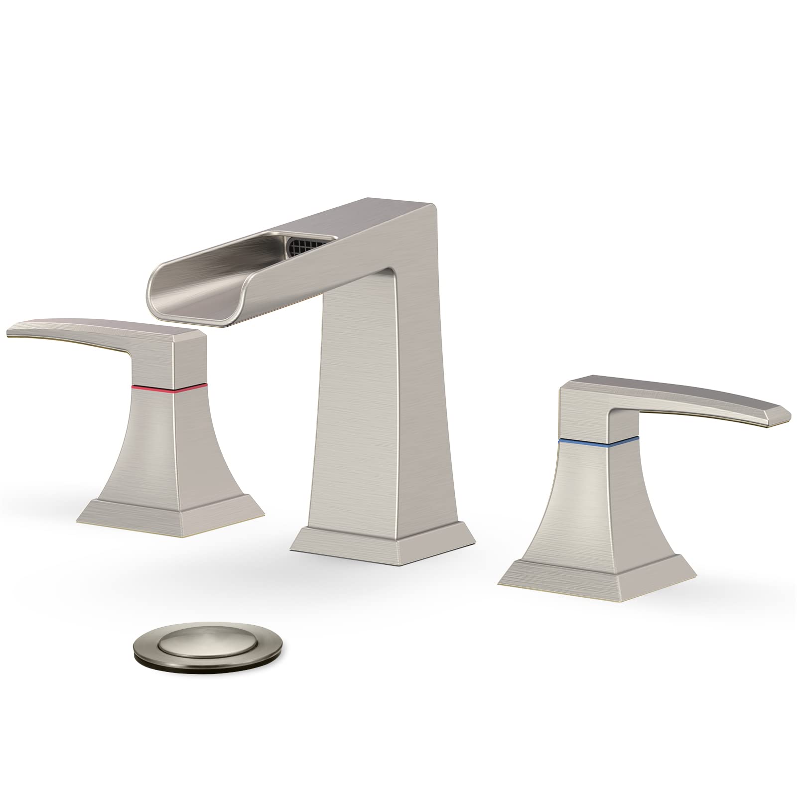 Badezimmer-Waschbeckenarmatur Gebürstetes Nickel – Wasserfall-Auslauf, 2 Griffe, Für 3-Loch-Montage, Aus Messing