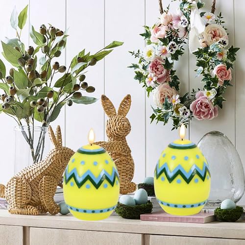 Image of Easter Flameless Candles Battery Operated with 6 Hour Timer Battery Operated Real Wax Color Painted Easter Egg Shaped LED Flickering Candles Dinner Spring Holiday Decor(Yellow, 2.4 inchD x 6.3 inchH)