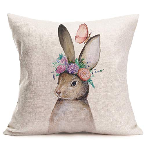 Smilyard うさぎ クッションカバー 動物バニー 花 蝶 装飾 農家 枕カバー コットンリネン クッションカバー ホームソファ用 18x18インチ(ウサギ)
