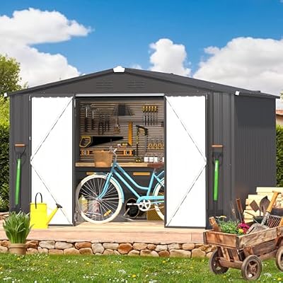 AECOJOY Shed 8' x 10' Outdoor Storage Metal Shed, Dark Grey Steel Yard Shed with Design of Lockable Doors, Utility and Tool Storage for Garden, Backyard, Patio, Outside use