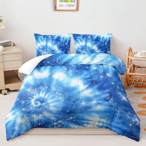 Image of AILONEN Light Blue Tie Dye Bedding Set Full Size for Kids Teens Adults,Galaxy Starry Comforter + 2 Pillowcases,3Pcs Tie-Dye Spiral Quilt Set for All Season
