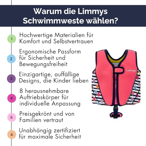 Limmys Premium Neopren Schwimmweste - Ideale Schwimmhilfe für Jungen und Mädchen - Extra Kordelzugtasche Inclusive, Europäische Marke, Verschiedene Größen (Klein, Rosa)