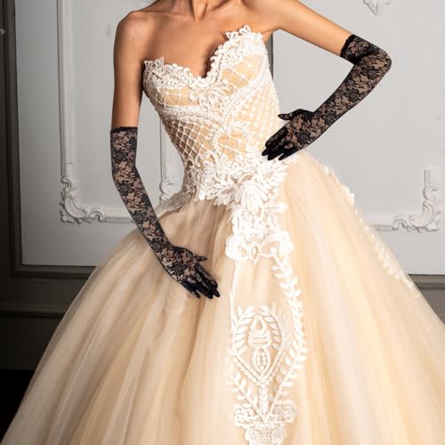 Lace Gloves Women, Tea Party Long Elegant Opera Lace Gloves Costume Floral Pattern Arm Elbow Length - 18.9in3