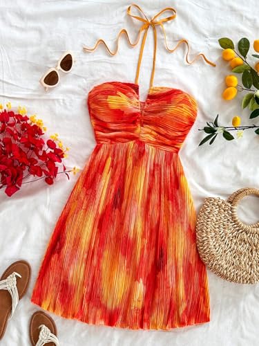Image of SOLY HUX Women's Tie Dye Cami Dress Halter Backless Sleeveless A Line Short Summer Dresses Sundress