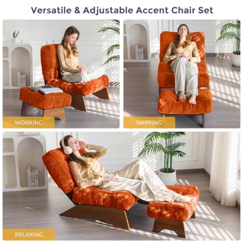 Image of MAXYOYO Accent Chair with Ottoman, Lounge Chair with Adjustable Backrest | Tufted Living Room Chair Upholstered Lounge Chair with Footrest Set, Modern Chair for Reading Room, NEW Orange