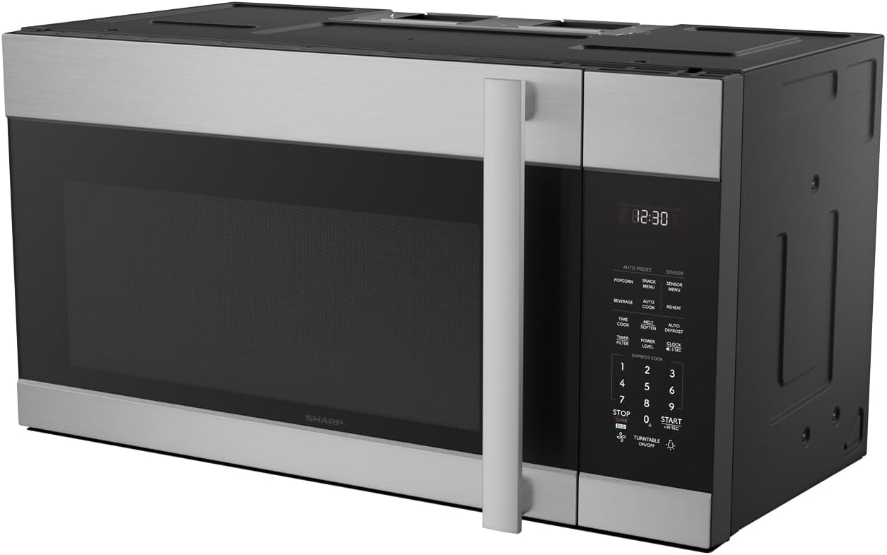 SHARP SMO1754JS Over the Range Microwave Oven with 13.6" Carousel Turntable, 30-inch, 1.7 Cubic Feet, 1,000 Watt, 300CFM Fan, Sensor Cooking, Edge to Edge Black Glass with Stainless