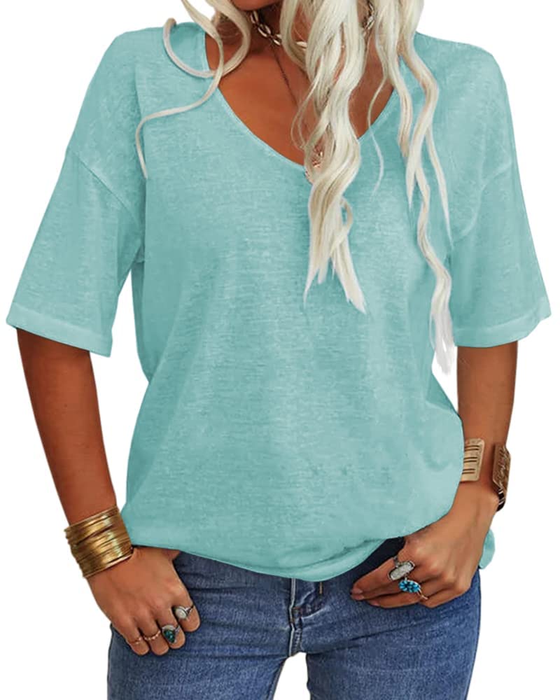 Tankaneo Damen T Shirt V-Ausschnitt Halbarm Oberteile | Longshirt,Tunika,Sommer,Sport,Basic,Baumwolle Top,Lang Bluse,Casual,Locker,Kurzarm