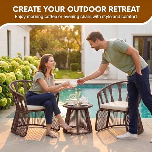 Image of DEVOKO Outdoor Rope 3-Piece Patio Furniture Set with Cushions & Glass Top Table, All-Weather Balcony Chairs Set for Garden & Lawn (Brown & Cream)