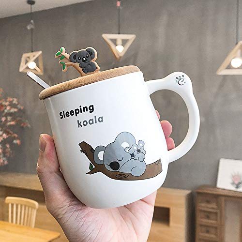QYQMYK Tasse De Café en Céramique De Koala De Dessin Animé Mignon 450Ml Tasse De Café d'animal Créatif avec Tasse De Couple De Cuillère Cuillère Tasse De Petit-Déjeuner De Lait De Couvercle en Bois,