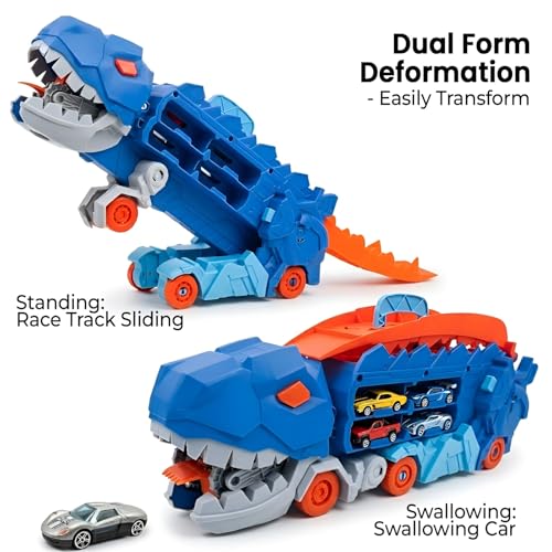 Image of WireScorts Dinosaur Planet Dino Transporter Truck Toy with Track - Push & Go Dinosaur Car Carrier with 2 Die-Cast Cars, Deformation into Race Track - Toddler Toy Gift for Boys Ages 3-6