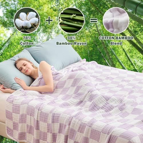 Image of EMME Cooling Muslin Twin Blanket - Checkered Lightweight Summer Cotton Blankets of Rayon Derived from Bamboo for Hot Sleepers, Ultra Soft Breathable All Season Gauze
