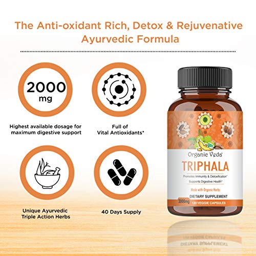 Organic Veda Triphala Capsules, 2000Mg – Premium Ayurvedic Herbal Supplement Made With Organic Herbs Amla, Haritaki, Bibhitaki Fruits For Colon, Digestive & Immune System – 120 Veggie #TOP5