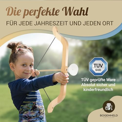 BOGENHELD® Pfeil und Bogen Kinder | Bogenschießen Set mit 5X Saugnapfpfeile, 1x Pfeiltasche und 1x Zielscheibe | Spielzeugbogen Saugnapf Kinder ab 3 Jahre | Bogenset für Links - und Rechtshänder