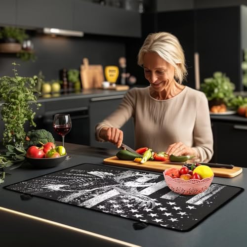 Image of Poceacles 4th of July Electric Stove Top Cover Induction Electric Stove Protector Non-slip Glass Cooktop Cover Stovetop Mat Multipurpose Flat Top Mat, Retro American Flag Eagle Black Gray