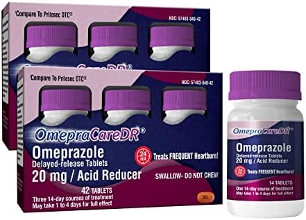 OmepraCare DR Tablets Omeprazole 20mg Acid Reducer for Heartburn, (14 Tablets/Bottle) One 3-Pack Carton for Three 14-Day Courses, Delayed-Release Tablets (84ct (2 Pack))