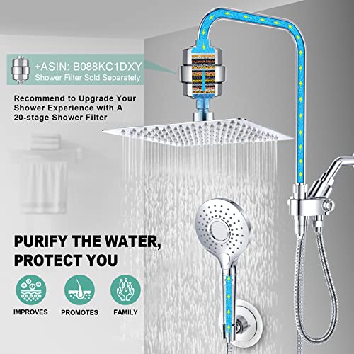 Sr Sun Rise Dual Square Shower Head With Handheld Combo | Shower Wand With Filter | Metal 8 Inch Rain Showerhead With 71 Inch Extra Long Hose | 3-Way Diverter | Height/Angle Adjustable Extension Arm #TOP2
