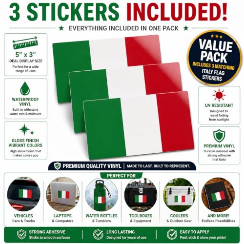 Image of Italian Flag Vinyl Flag Stickers, Car Decals, Waterproof Indoor Outdoor, Laptop Stickers, Car Bumper, Italy Flag, 5 x 3 Inches, Set of 3