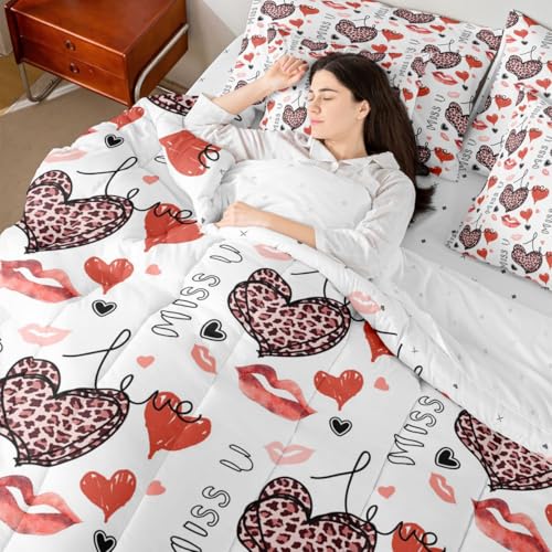 Image of 7 Pcs Leopard Print Heart King Bedding Sets Love Theme Romantic Style Comforter Set Red Heart Lady Lip Kiss Bed in a Bag with Comforter,Flat&Fitted Sheet,2 Pillowcases,2 Throw Pillow Covers