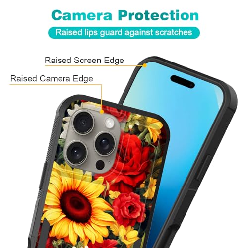 KJFHDJFDH for iPhone 16 Pro Case,Dual Layer Hybrid Heavy Duty Rugged Shockproof Hard PC +Soft Silicone Protective Case for iPhone 16 Pro 6.3 inch 2024,Sunflowers and Roses Pattern - image 4