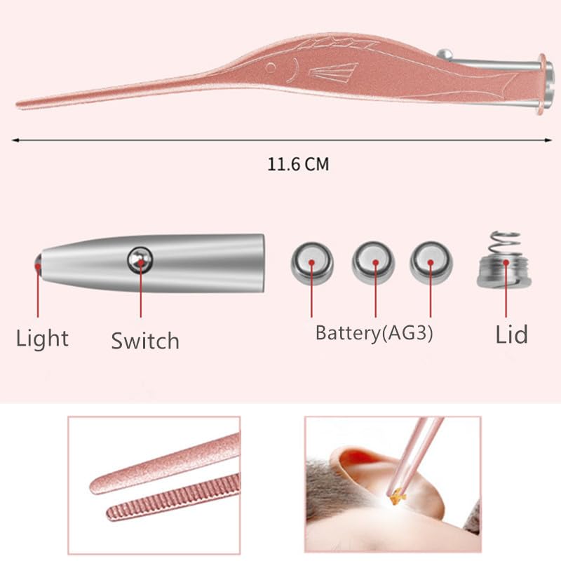 Pince à épiler LED avec lampe de poche étanche, nettoyage doux des oreilles, Rose Gold