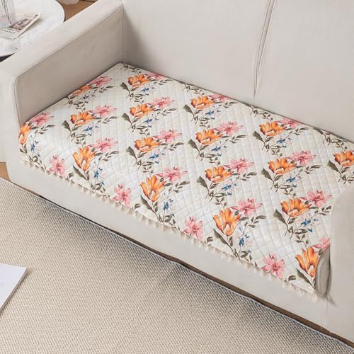 Image of HOKIPO Painterly Floral 2 Seater Quilted Sofa Cover Mat with Tassels 'Tassel Twigs' Series (IN-983-T8)