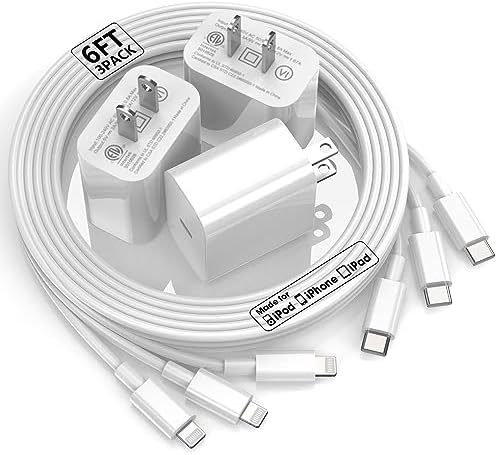 Fast Charger iPhone [Apple MFi Certified], 3 Pack 20W Apple USB C Fast Charging Block with 3pcs 6FT USB C to Lightning Cable for iPhone 14/14 Pro/14Pro Max/13/13 Pro/12/12 Pro/12 Pro Max/11/SE/XR/X