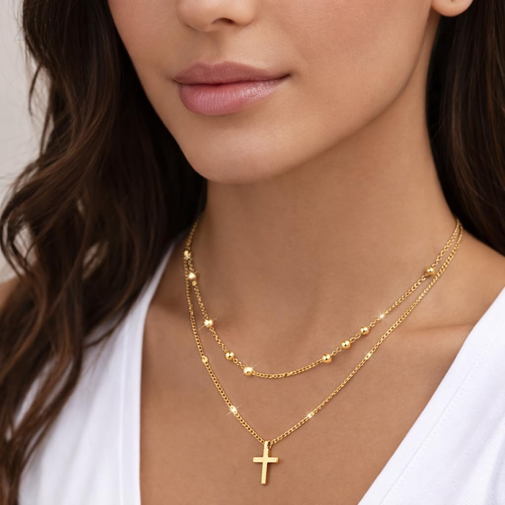 14K Gold Cross Necklace for Women Layered Dainty Small Crucifix Pendant Necklace Chain - Image 2